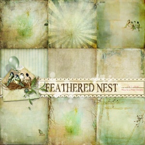 May include: A digital scrapbook paper set with a vintage aesthetic. The design features a collage of textured backgrounds in muted greens, browns, and creams, with bird illustrations and the text "FEATHERED NEST".