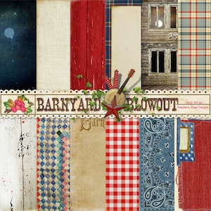 Pode incluir: Pacote de papel digital com um esquema de cores vermelho, branco e azul. O pacote inclui imagens de um celeiro, um padrão xadrez, um lenço e uma placa de madeira com o texto "Barnyard Blowout".