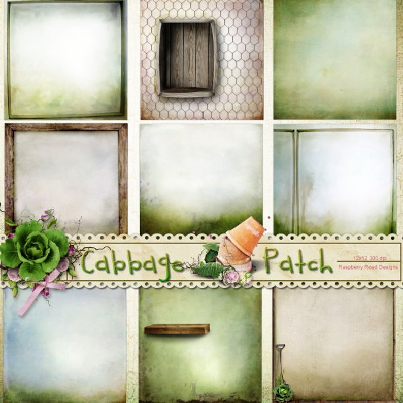 May include: A digital scrapbook paper set with a rustic, vintage aesthetic. The design includes nine squares with various backgrounds, including a wooden box, a cabbage, and a decorative banner with the text "Cabbage Patch".
