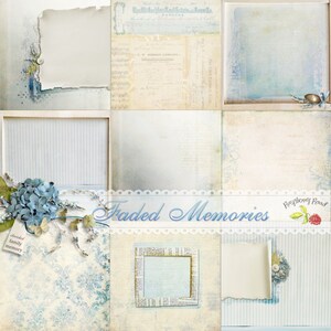 Puede incluir: Un collage de fondos de papel de scrapbook vintage en tonos suaves de azul, crema y blanco. El diseño incluye bordes de papel rasgados, acentos florales y el texto "Faded Memories" en escritura elegante. El tema general es nostálgico y romántico.