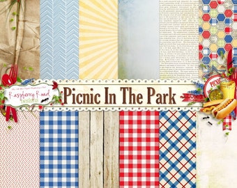 May include: Digital paper pack with a picnic theme. The pack includes various patterns, including gingham, stripes, and wood grain. The title "Picnic In The Park" is displayed in a brown banner with a white lace border. The pack is designed by Raspberry Road Designs.