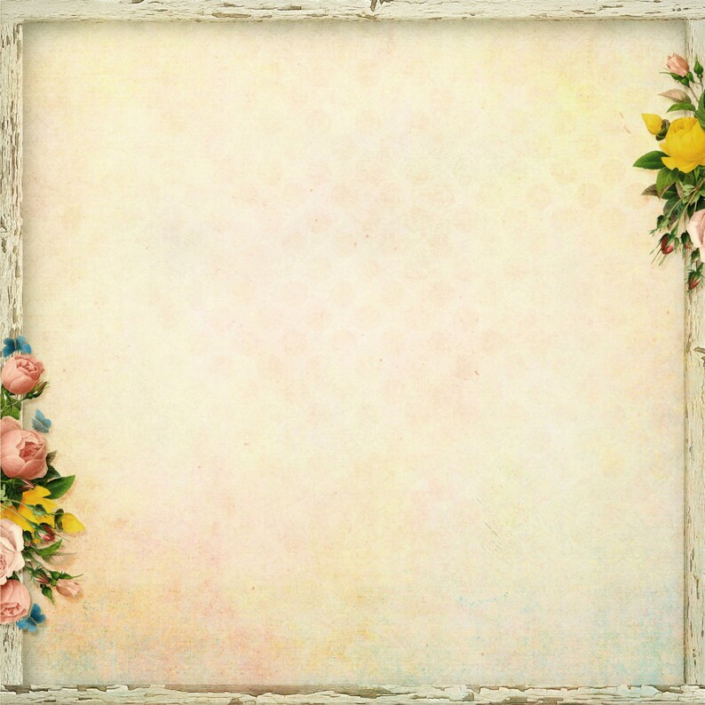 K&ouml;nnte beinhalten: Ein Hintergrund im Vintage-Stil mit einem wei&szlig;en, verwitterten Holzrahmen. Die cremefarbene Mitte hat ein subtiles Blumenmuster und ist mit rosa, gelben und blauen Blumen in den Ecken verziert, was eine romantische und zarte &Auml;sthetik erzeugt.