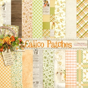 Può includere: Un set di 12 carte digitali con vari motivi in ​​tinte di arancione, verde e bianco. I motivi includono fiori, quadri, gingham e stampa di giornale. Le carte sono 30,5 x 30,5 cm e 300 dpi. Il titolo "Calico Patches" è visualizzato nella parte superiore dell'immagine.