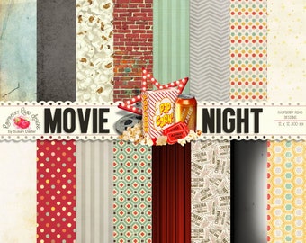 May include: A digital paper pack with 12 different patterns for scrapbooking and digital design. The patterns include brick, popcorn, stripes, chevron, polka dots, geometric, red curtains, movie tickets, black, and honeycomb. The paper pack is titled "Movie Night" and is by Raspberry Road Designs.