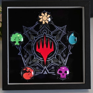 MTG Five-Color Element Magnetic Crystal Disc Display Frame | 19.5cm Square Frame | 3cm Discs | Desk/Wall Decor
