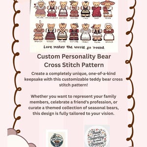 May include: A cross stitch pattern featuring fourteen teddy bears dressed in various international traditional outfits, arranged in two rows with the text "Love makes the world go round" and "Custom Personality Bear Cross Stitch Pattern".
