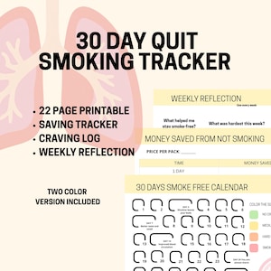 30 Day Quit Smoking Planner Printable | Smoke Free Challenge Tracker | Stop Smoking Workbook | Habit Tracker | Money Saved Tracker