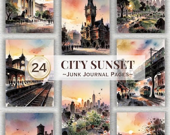 May include: A collection of 24 watercolor-style junk journal pages featuring various city sunset scenes, including urban architecture, train tracks, city parks, and rooftop gardens, with the text CITY SUNSET ~JUNK JOURNAL PAGES~ centered.