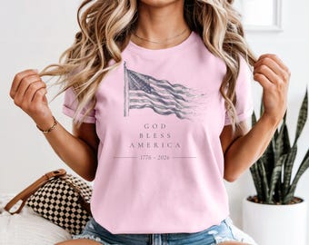 アメリカ建国250周年記念「神よ、アメリカを祝福したまえ」シャツ、愛国的な国旗Tシャツ