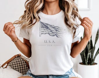 アメリカ国旗スケッチTシャツ、建国250周年記念愛国シャツ、ガーメントダイコットン
