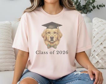 卒業記念犬柄シャツ、2026年卒業生向け、動物好きへのギフト、ゆったりフィットTシャツ