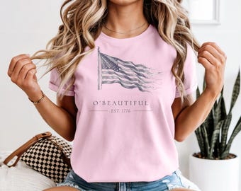 O'Beautiful Est 1776 USA フラッグシャツ、愛国的なグラフィックTシャツ