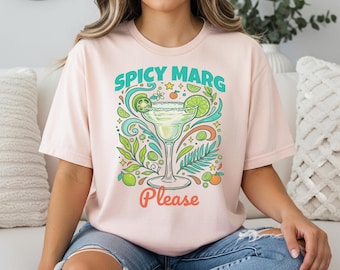スパイシーマルガリータをお願いしますグラフィックTシャツ、夏のビーチで飲むシャツ