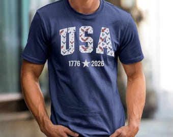 レトロなUSAイーグルシャツ、コンフォートカラーズ1776-2026 Tシャツ、アメリカプライドフラッグTシャツ
