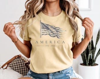 アメリカ国旗 1776-2026 シャツ、コンフォートカラーズ ガーメントダイコットンTシャツ
