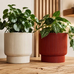 Op de afbeelding: Twee cilindrische plantenpotten met een verticale geribbelde textuur. De ene pot is matwit en bevat een groene Pilea-plant, terwijl de andere dieprood van kleur is en een groene en zilverkleurige hangplant met hartvormige bladeren bevat.