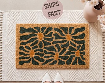 Retro Botanical Doormat, Boho Floral Welcome Mat, Modern Flower Front Door Decor, Vintage Patio