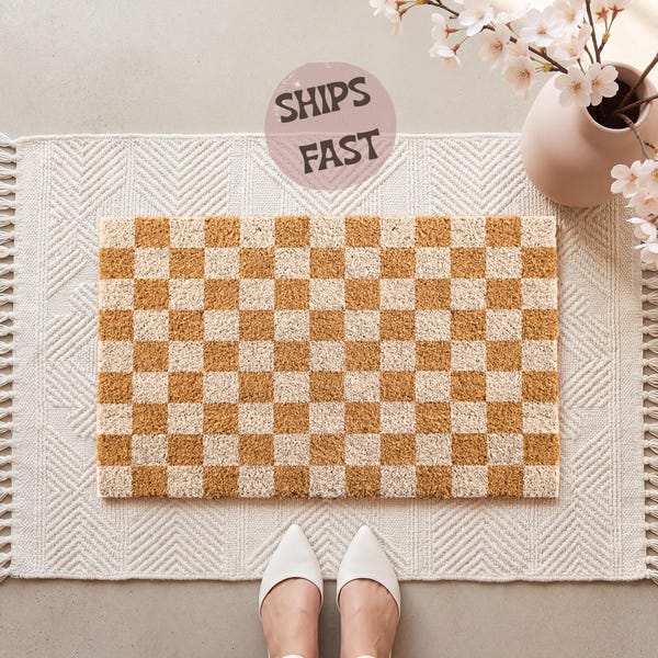 Colorful Checkered Doormat, Checkerboard Welcome Mat, New Home Gift, Front Door Mat, Modern Coir Doormat, Minimal Patio Decor, Outdoor Mat