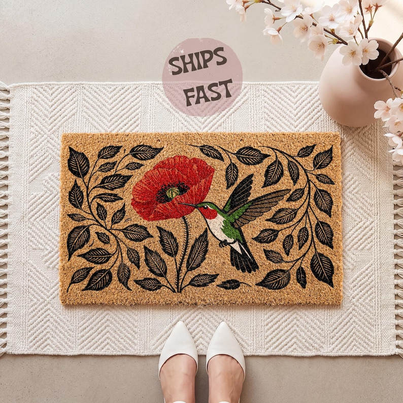 Hummingbird Welcome Mat Hummingbird and Poppy Doormat, Floral Bird Coir Doormat, Flower Welcome ...