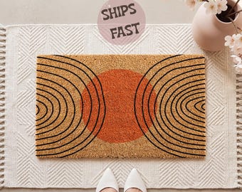 Mid Century Modern Doormat, Geometric Sun Coir Mat, Boho Welcome Doormat, Retro Front Porch Decor, Housewarming Gift, Front Door Mat