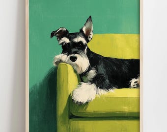 May include: A vertical rectangular art print featuring a black and white Schnauzer dog resting on a bright yellow armchair. The dog has a white muzzle and chest, with black fur on its body. The background is a solid, flat, vibrant green color.