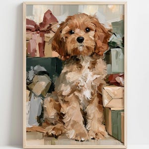 May include: An impressionistic painting of a fluffy golden-brown puppy sitting upright. The puppy has a white patch on its chest and dark eyes. It is surrounded by several wrapped gift boxes in shades of green, brown, and muted red tones.