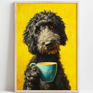 May include: A framed print featuring a black dog with brown eyes, holding a teal coffee cup. The dog has a fluffy coat and is set against a bright yellow background. The artwork has a painterly style.