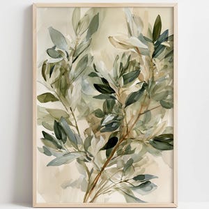 May include: A vertical rectangular wall art print featuring an abstract watercolour painting of leafy branches. The foliage is rendered in various shades of sage green, olive, and dark forest green against a soft, neutral cream-coloured background.