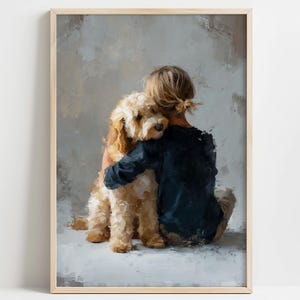 May include: A framed art print showing a child embracing a golden doodle dog. The child, viewed from behind, wears a dark blue top. The dog has light brown fur. The background features a soft, neutral colour palette.