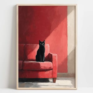 Modern Black Cat Wall Art Red Sofa Living Room Decor *Unframed Print*