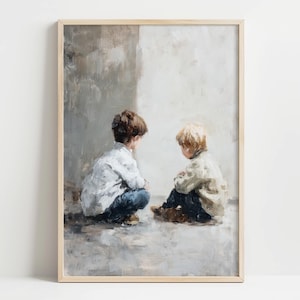 Minimalist Emotional Artwork Children Sitting Together Wall Art Soft Neutral Home Decor *Unframed Print*
