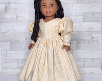 1840s Style Doll Dress: Yellow Striped Cotton, Fits 18 Inch Dolls