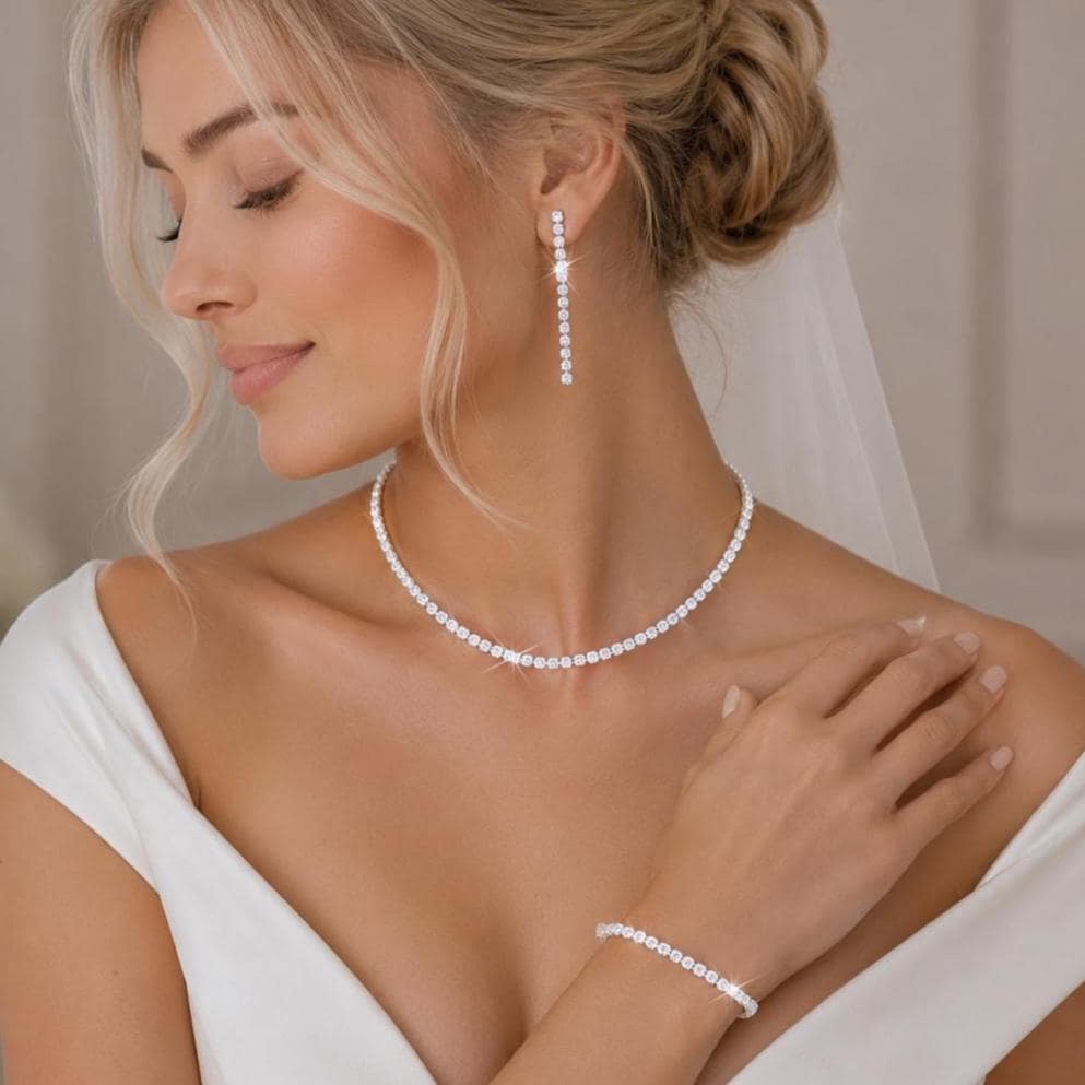 Bridal Tennis Jewelry Set, Silver Crystal Necklace Bracelet & Drop Earrings for Bride Wedding