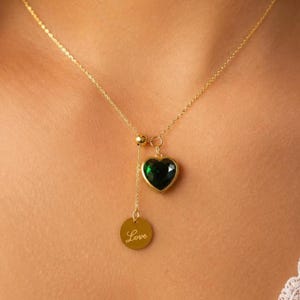 Emerald Green Heart Necklace with pull through Love Charm, Gold Pendant Gift, May Birthstone