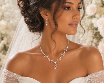 Pearl Bridal Necklace Earrings Set, Silver Crystal Vine Wedding Accessories for Bride
