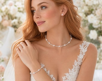 3 Piece Pearl Bridal Jewelry Set, Rhinestone Choker Bracelet Earrings