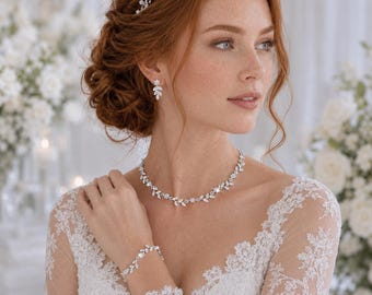 Silver Bridal Jewelry Set, Rhinestone Leaf Necklace Bracelet Earrings for Bride
