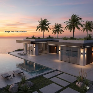 May include: A modern beachfront villa with a pool overlooking the ocean at sunset. The villa features large windows, palm trees, and a minimalist design. The text "image non contractuelle" is visible in the image.