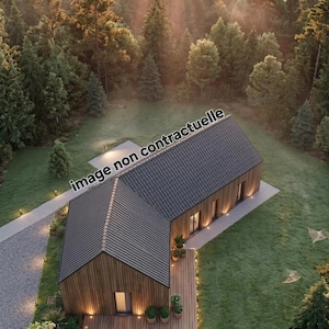 Nowoczesny, parterowy, 3-pokojowy projekt domu z drewna o powierzchni 120 m² z kątem 45 stopni | Link do pobrania pliku PDF (bez logo)