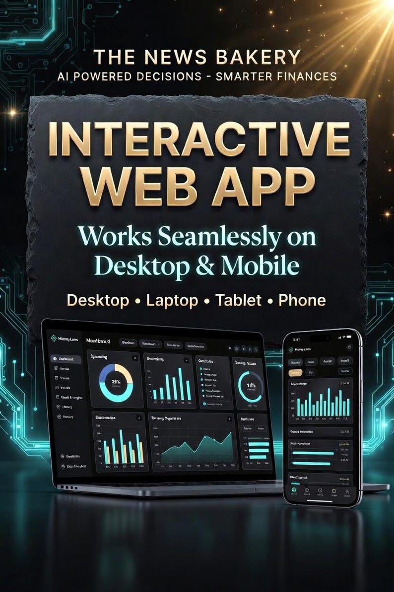May include: An advertisement for "The News Bakery" featuring an interactive web app. The image shows a laptop and a smartphone displaying data visualizations. Text on the image reads "Works Seamlessly on Desktop & Mobile."