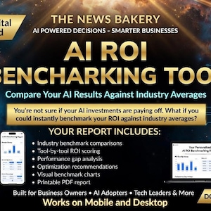Puede incluir: Anuncio de descarga digital para una herramienta de evaluación comparativa de ROI de IA. El gráfico presenta el texto "AI ROI Benchmarking Tool" y "Compare sus resultados de IA con los promedios de la industria". Incluye un teléfono inteligente y un portátil.