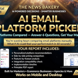 May include: A digital advertisement for an AI email platform picker. The graphic features the text "AI EMAIL PLATFORM PICKER" in gold lettering, with a smartphone and laptop displaying the platform's features. The ad promises a personalized report.