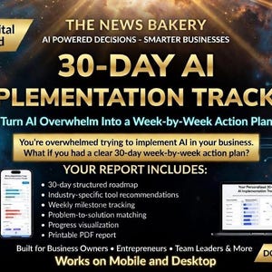 May include: Digital download graphic for a 30-Day AI Implementation Tracker. The design features gold text on a dark background with a network design. Includes a smartphone and laptop graphic. The text includes "Instant Digital Download" and "Turn AI Overwhelm Into a Week-by-Week Action Plan."