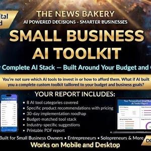 以下が含まれることがあります： 中小企業向けAIツールキットのデジタル広告。グラフィックは、金と青のアクセントが付いた暗い背景を特徴とし、AIツール情報を表示するスマートフォンとラップトップが含まれています。テキストには「Instant Digital Download」が含まれています。