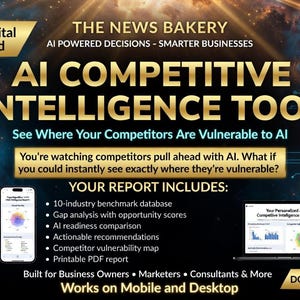 Könnte beinhalten: Digitaler Download-Werbespot für ein KI-Wettbewerbs-Intelligence-Tool. Die Grafik enthält den Text "AI COMPETITIVE INTELLIGENCE TOOL" und "See Where Your Competitors Are Vulnerable to AI". Der Bericht umfasst eine 10-Branchen-Benchmark-Datenbank und mehr.