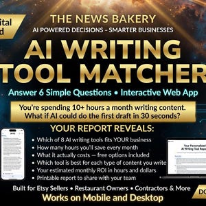 May include: Digital download advertisement for an AI writing tool matcher. The graphic features the text "AI Writing Tool Matcher" and "Answer 6 Simple Questions." It includes a smartphone and laptop mockup, and the text "Built for Etsy Sellers."