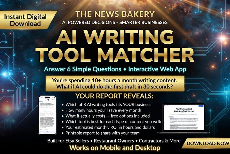 May include: Digital download advertisement for an AI writing tool matcher. The graphic features the text "AI Writing Tool Matcher" and "Answer 6 Simple Questions." It includes a smartphone and laptop mockup, and the text "Built for Etsy Sellers."