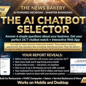 Peut inclure: Publicité de téléchargement numérique pour "The AI Chatbot Selector" par The News Bakery. Le graphisme présente un fond sombre avec des accents dorés et bleus, une maquette de smartphone et d'ordinateur portable, et des puces détaillant les avantages du rapport. Le texte comprend "Téléchargement numérique instantané."