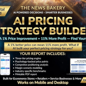May include: Digital download advertisement for AI Pricing Strategy Builder. The graphic features the text "AI PRICING STRATEGY BUILDER" in gold lettering, with a smartphone and laptop displaying report examples. The ad promises a 1% price improvement equals 11% more profit.