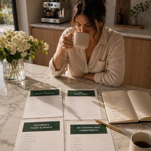 以下が含まれることがあります： 大理石のカウンタートップで、白いマグカップから飲み物を飲んでいる人。緑色の見出しとテキストが付いた4つのチェックリストが配置されており、「THE MASTER CHECKLIST」、「MY 90-DAY GOALS」、「DOCUMENTS TO GET & UPDATE」、「MY STARTING OVER COMMITMENTS」というタイトルが付いています。ノートとペンもカウンターにあります。
